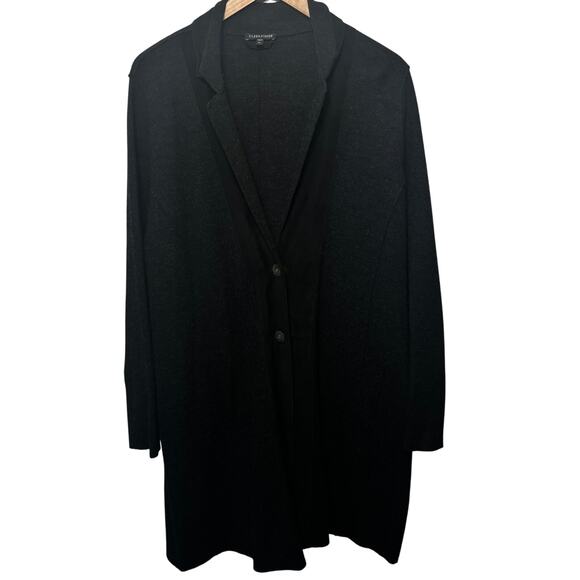 Eileen Fisher Coat Wool Lamb Leather Trim Black Button Front Office Pockets Xl - Picture 1 of 9